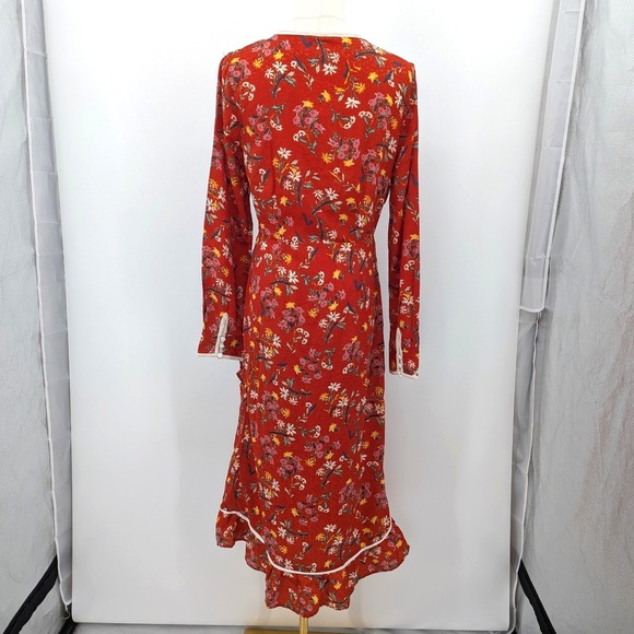 Free People Red Floral Wrap Dress Boho Romantic Cottagecore NWT Size 8 Midi - Picture 2 of 15